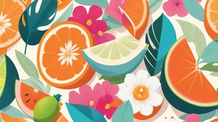 Vibrant Citrus Fruit and Floral Pattern Design with Tropical Feel