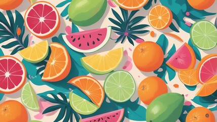 Vibrant Citrus Fruit Pattern with Tropical Leaves and Refreshing Summer Feel