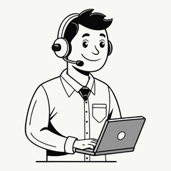 Smiling man wearing headset and tie typing on laptop computer for customer service