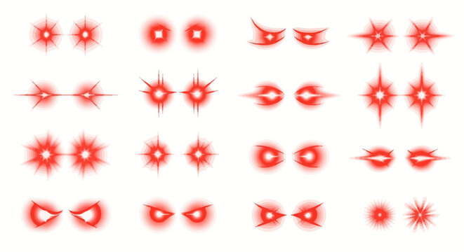 Collection of menacing red eyes with varied luminosity on a clean white backdrop showcasing diverse expressions