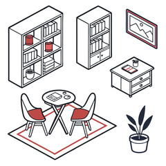 Isometric line art illustration of modern home interior furniture and decor elements