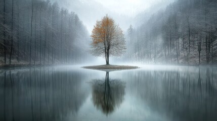 Fototapeta premium Autumn tree reflected in a misty lake, surrounded by hazy wooded hills