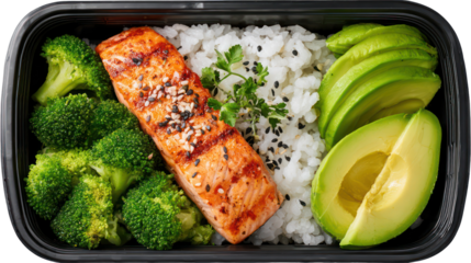 Bento-style healthy lunchbox with salmon rice broccoli and carrots transparent background