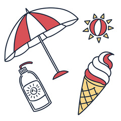 Summer beach essentials including a sun umbrella sunscreen ice cream and sun