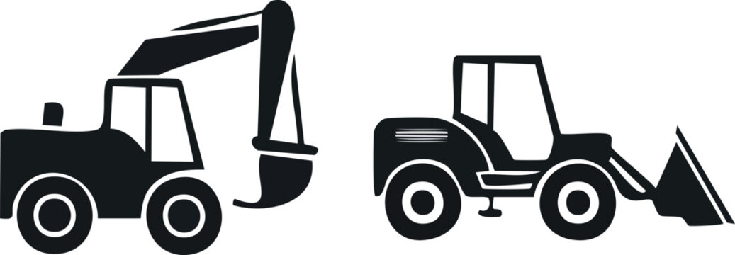 Excavator and loader vector icons in black silhouette construction style