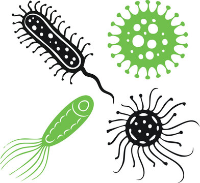 Bright vector silhouettes of microscopic organisms, ideal for science, microbiology, infection, and educational-themed designs.