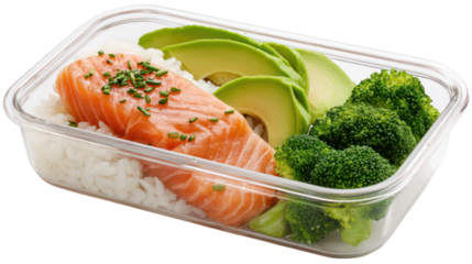 Bento-style healthy lunchbox with salmon rice broccoli and carrots transparent background