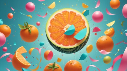 Whimsical Celebration with Oranges and Confetti Against a Turquoise Backdrop