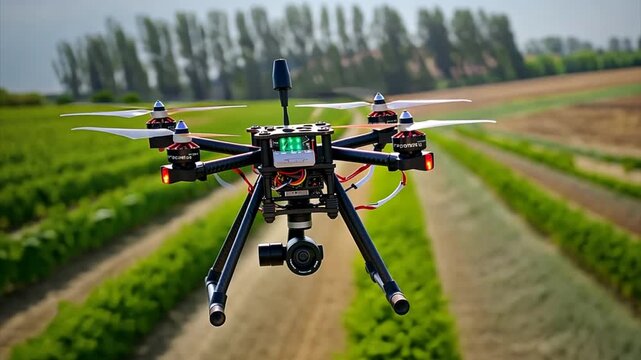 Close-up of a remotely controlled black and red drone with camera hovering over a green field. Modern technology device in action