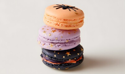 three Halloween-themed macarons stacked vertically in a neat tower. 