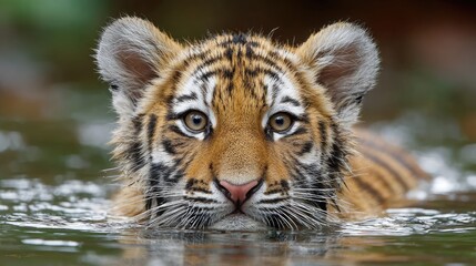 Close-up of a tiger cub swimming in water.