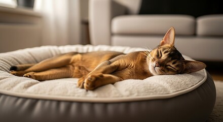 Abyssinian cat sleeping peacefully on a comfortable cat bed