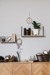 Shelves with magic attributes in witch's room