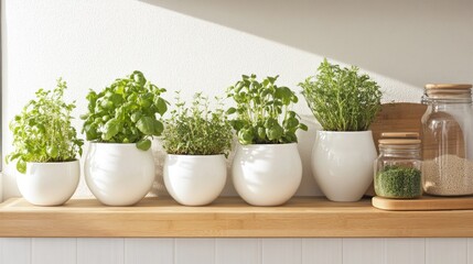 Fototapeta premium Sunlit Kitchen Herb Garden: Five Aromatic Herbs in White Pots