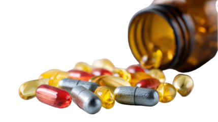  Capsules and softgels spilled from a fitness supplement bottle transparent background

