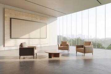 Fototapeta premium Modern minimalist lounge area with armchairs, coffee table, and city views