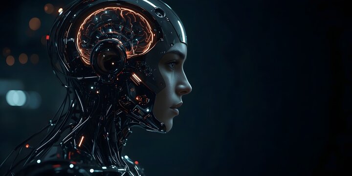 Futuristic Cyborg with Exposed Neural Interface and Artificial Brain Concept