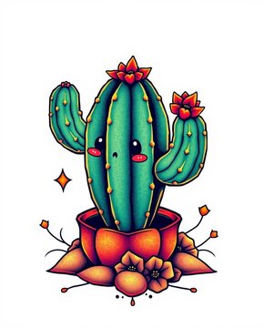 A traditional tattoo art print depicting an adorable, charming desert cactus glowing in vibrant colors, against a white background, with a retro flair and complex ornamental details.