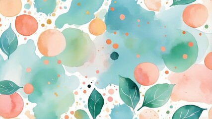 Pastel Watercolor Painting with Circles and Leaves on White Background