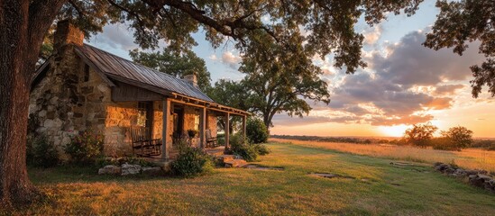 Rustic Stone Cabin Sunset Serenity