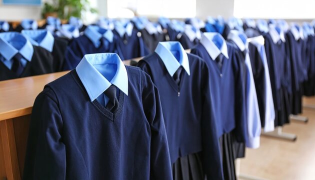 Neatly organized school uniforms ready for students at educational institution