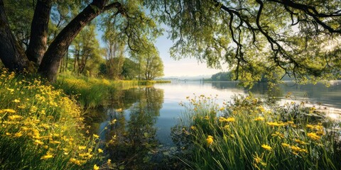 Tranquil Lakeside Serenity: A Summer Morning's Embrace