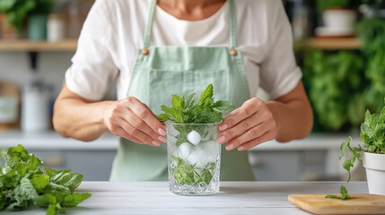 Close-up of woman hands preparing refreshing summer alcoholic cocktail mojito with ice and fresh mint leaves against kitchen background. Making drink at home.