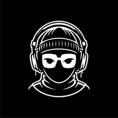A stylized white icon of a person wearing headphones, a beanie, and glasses, set against a black background.