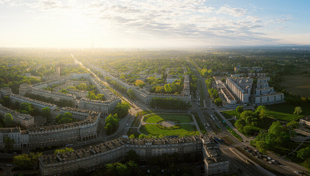 Sunrise in Nowa Huta - the ideal socialist, green district, during Spring time, Krakow, Poland
Sunrise, morning, soft light.