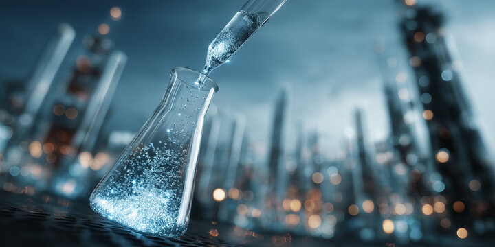 Laboratory flask with pipette adding liquid, set against blurred cityscape background, symbolizes intersection of science and urban development. scene conveys innovation and progress