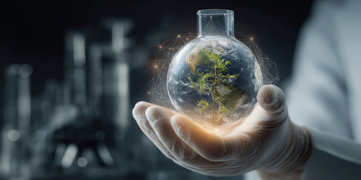 Scientist holds glass flask containing miniature Earth with growing plant, symbolizing innovation in climate tech and biotech for sustainable drug discovery