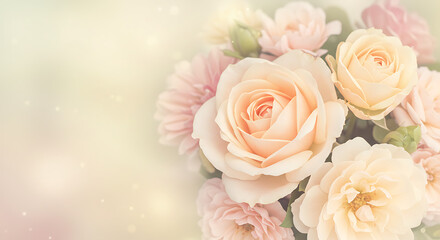 Delicate summer rose blooming among pastel flowers on a soft floral festive background — elegant bouquet card for weddings or romantic occasions
