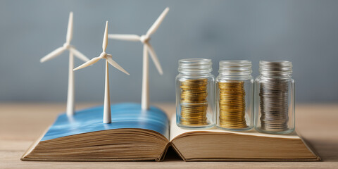 Open book with miniature wind turbines and jars of coins symbolizes concept of financial literacy and energy storage solutions. image creatively combines education and sustainable energy