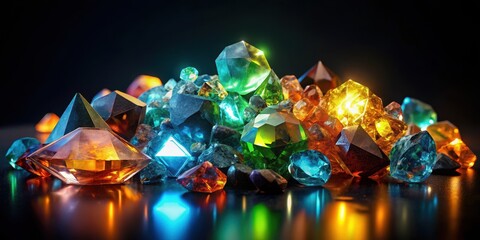 A Pile of Sparkling, Faceted Gems Glistening with Vivid Hues Underneath Dramatic Lighting