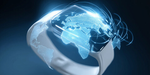 Futuristic smartwatch with holographic world map display symbolizes global connectivity and wearable technology innovation. digital interface highlights healthcare and trade advancements