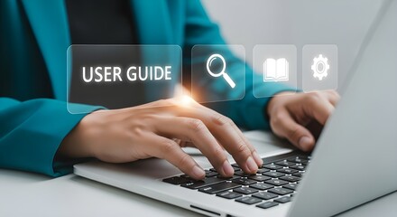 Person using laptop with user guide digital interface keyboard