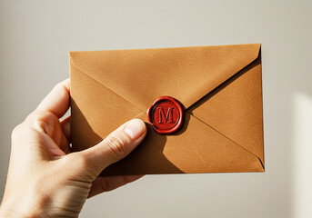 Vintage Brown Leather Envelope in Hand with Wax Seal with Initial M