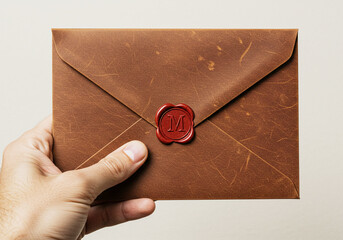 Vintage Brown Leather Envelope in Hand with Wax Seal with Initial M
