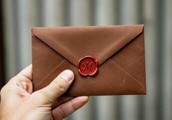 Vintage Brown Leather Envelope in Hand with Wax Seal with Initial M