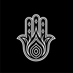A stylized white Hamsa hand design with intricate line work, set against a solid black background.