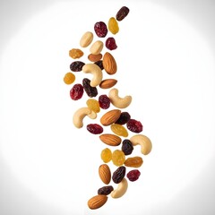 Assorted dried fruits and nuts scattered across a white background almonds cashews