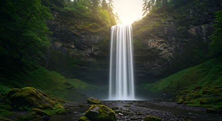 Stunning natural waterfall cascading down rocks in a lush green forest, serene landscape with flowing water, perfect for nature, travel, or adventure themes.