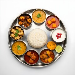 Assorted Indian curries and rice served on a metal platter food thali