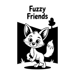 Naklejka premium Adorable cartoon fox pup stands in a simple landscape, part of a 