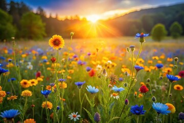 Golden Hour Meadow A Vibrant Tapestry of Wildflowers Basking in Sunset's Embrace