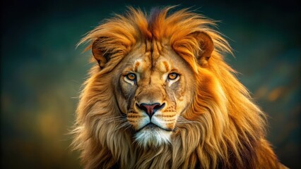 Fototapeta premium Majestic Lion Portrait A Close-Up of a Male Lion with a Golden Mane, Showing Intense Eyes and Powerful Features.