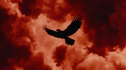 Obraz premium Fiery sky, soaring eagle silhouette, apocalyptic backdrop, dramatic art