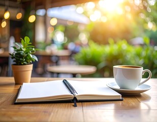 Outdoor cafe table with open notebook, pen, and coffee