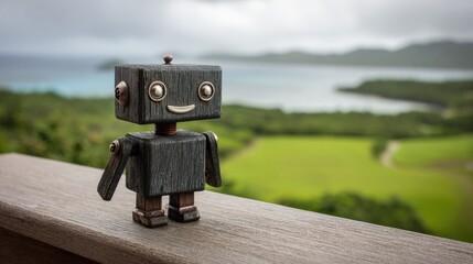Wooden robot figurine on a railing overlooking a landscape.