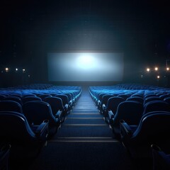 Naklejka premium Empty movie theater, dark, rows of blue seats